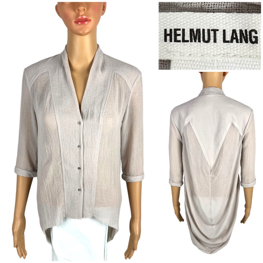 Helmut Lang Womens P Top Cream Tan Panel Blouse 3/4 Cuffed Sleeves Button EUC - Picture 1 of 8